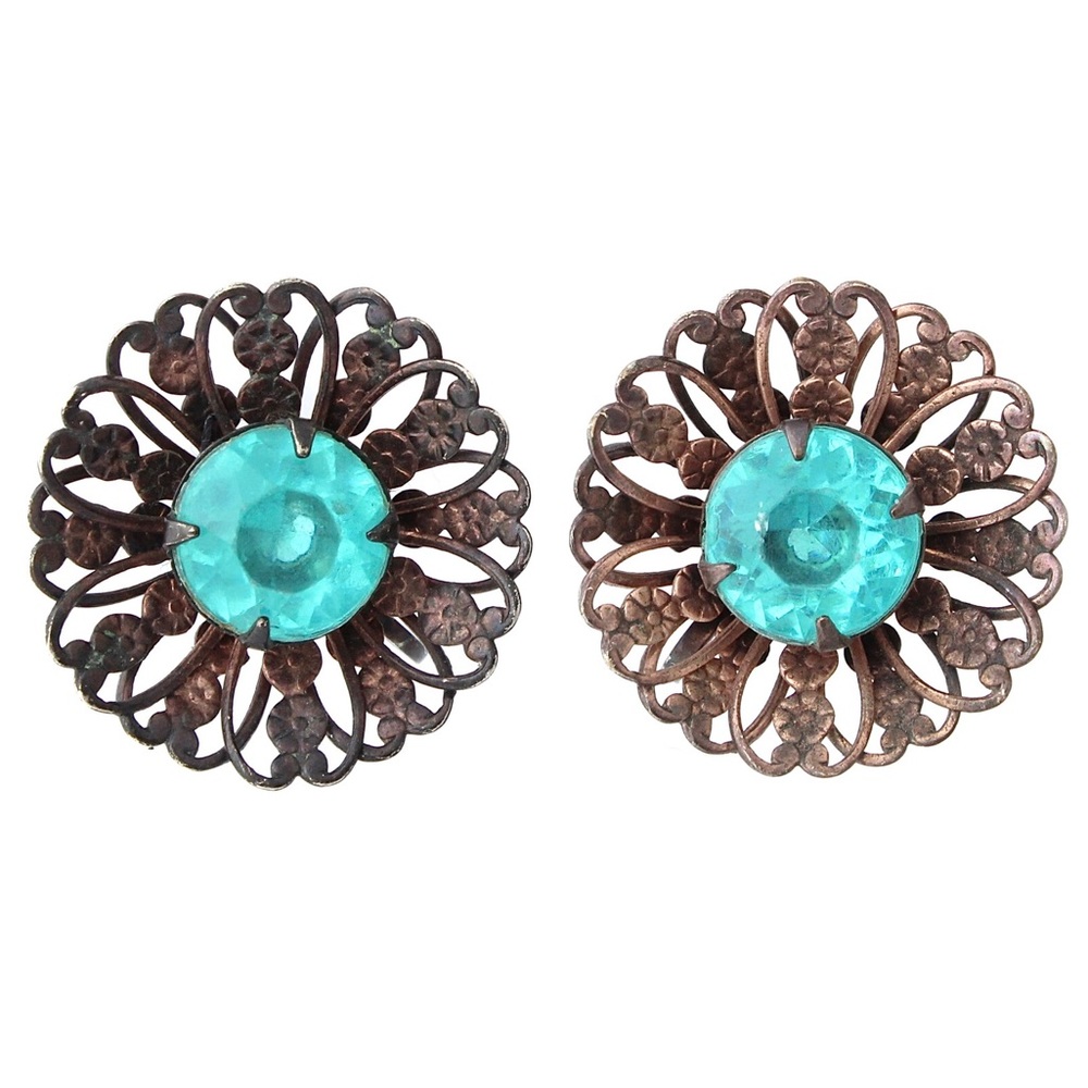 Vintage Patinated Copper Blue Rhinestone Screw Back Earrings Floral Openwork